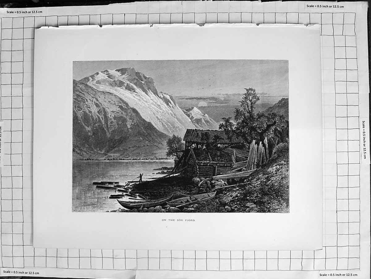 Original Old Antique Print C1900 View Mountains Sun Sor Fjord Boats Victorian