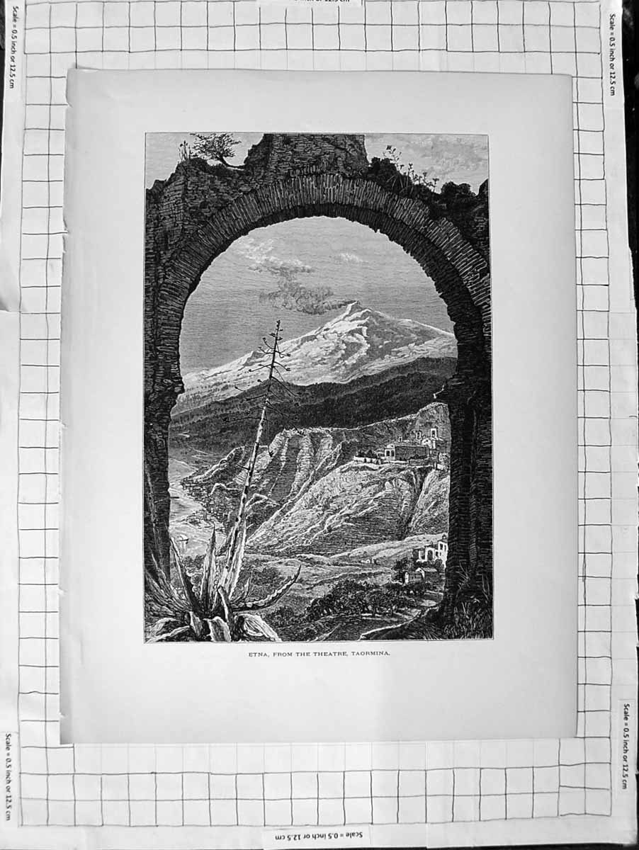Original Old Antique Print C1900 Volcano Mount Etna Theatre Taormina Mountains