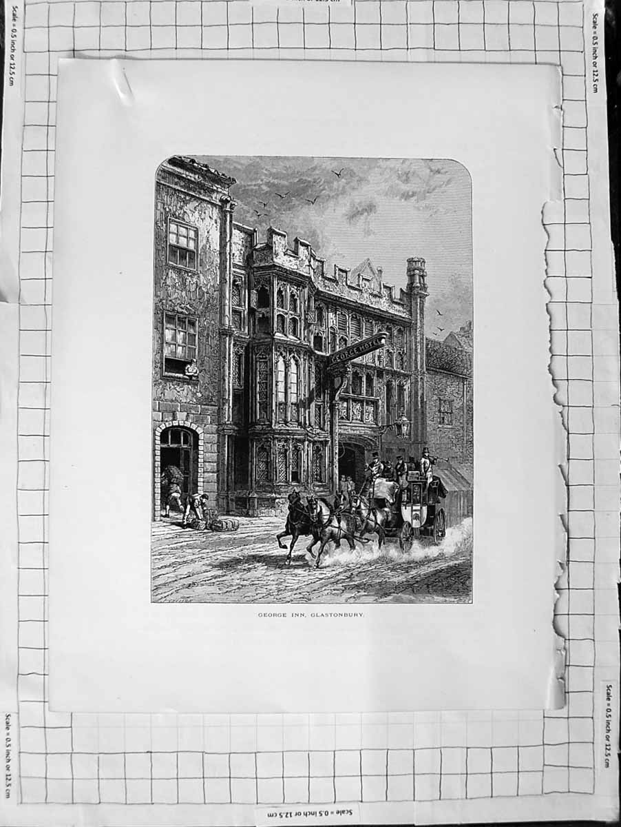 Original Old Antique Print C1900 View George Inn Glastonbury Horses Carriage