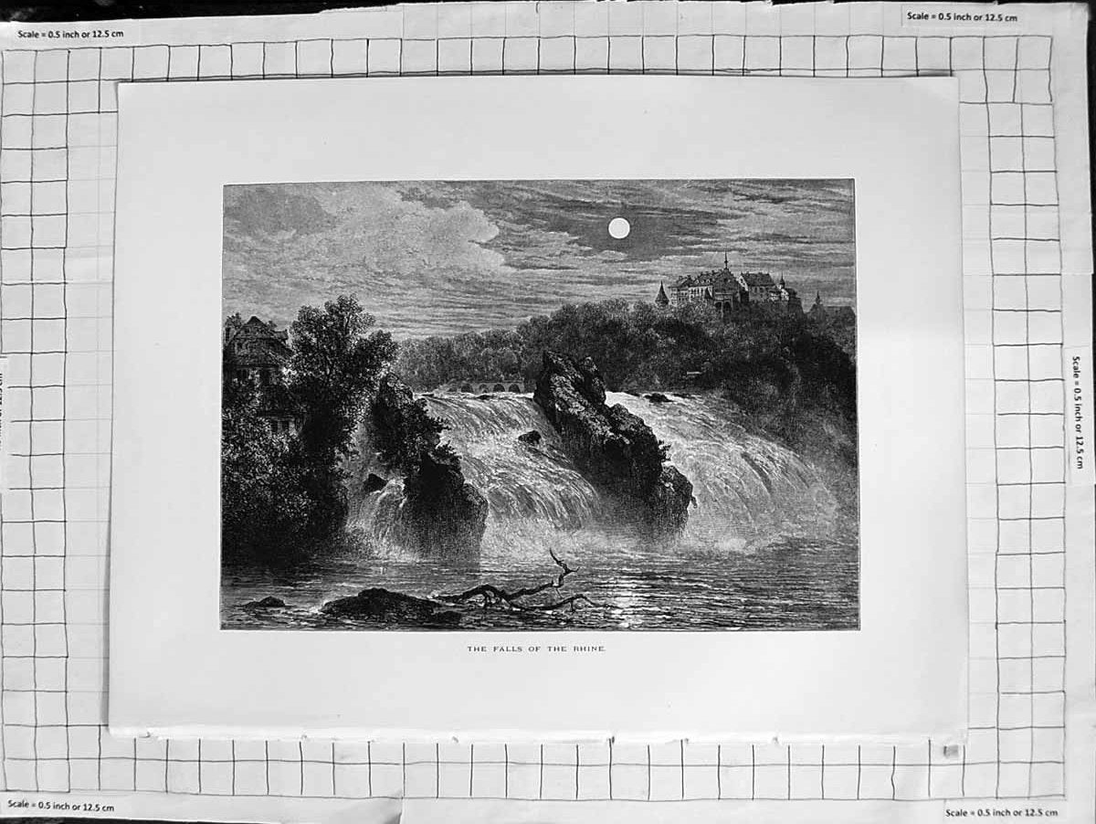 Original Old Antique Print C1900 View Falls River Rhine Moonlight Trees 20th