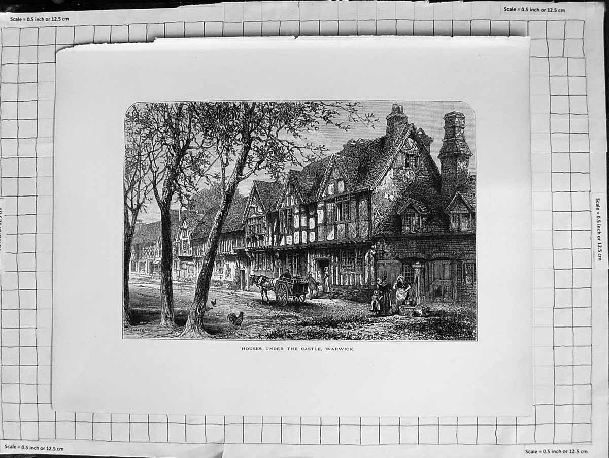 Original Old Antique Print C1900 Houses Under Castle Warwick England Victorian