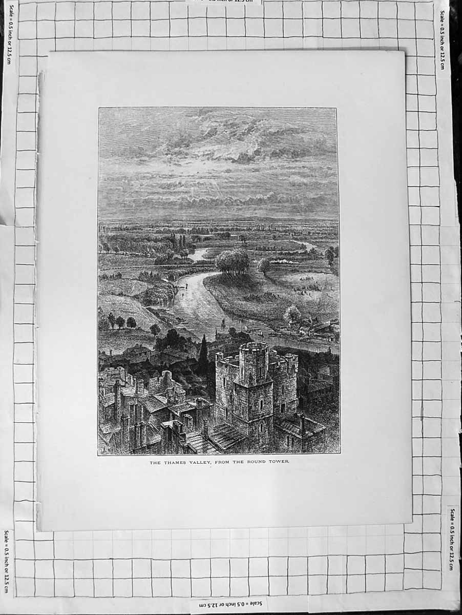 Original Old Antique Print C1900 View Thames Valley River Round Tower London