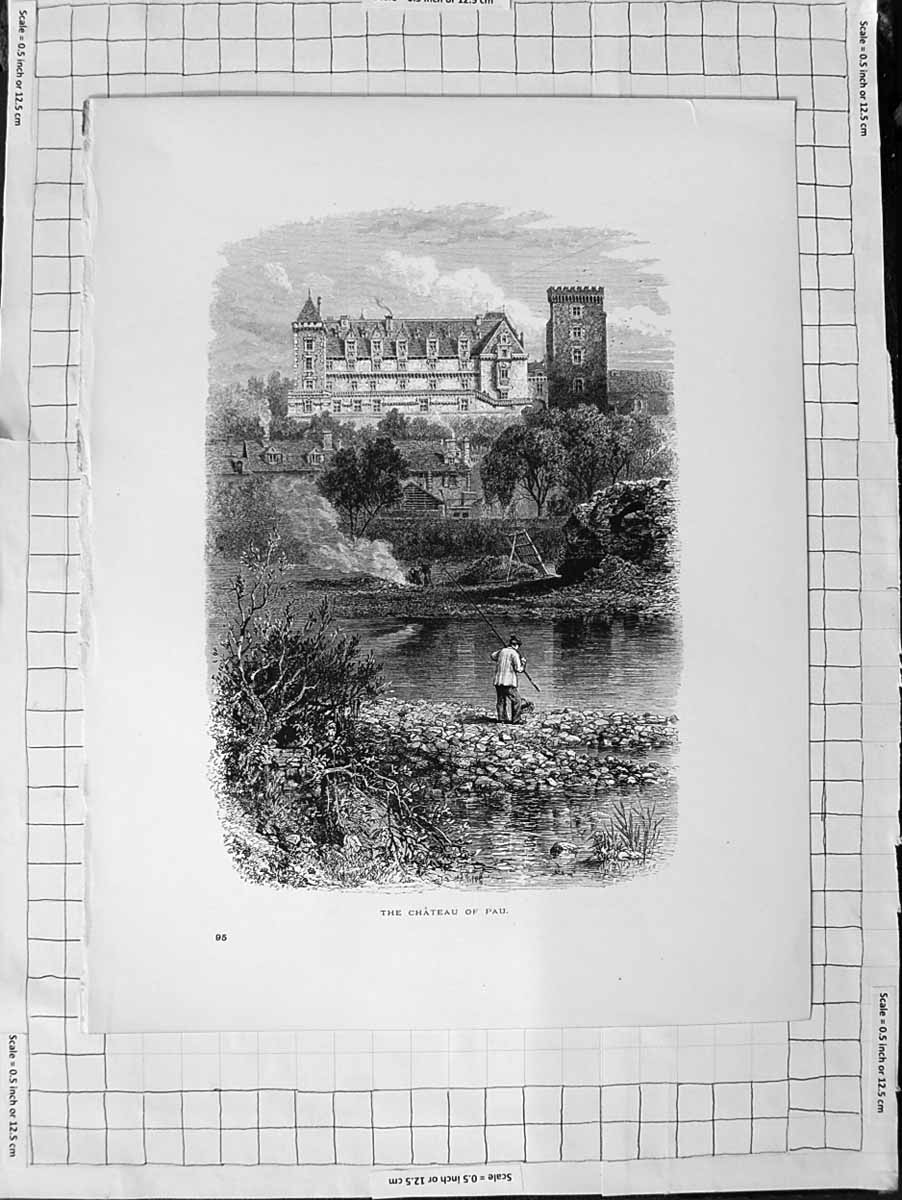 Old Antique Print C1900 View Chateau Pau Man Fishing River Architecture 20th