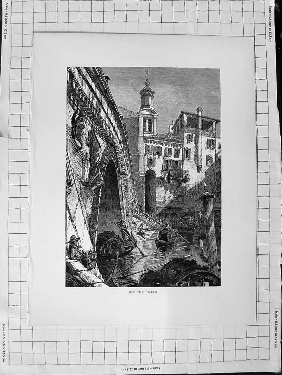 Original Old Antique Print C1900 Venice Scene Rialto River Canal Boats Bridge