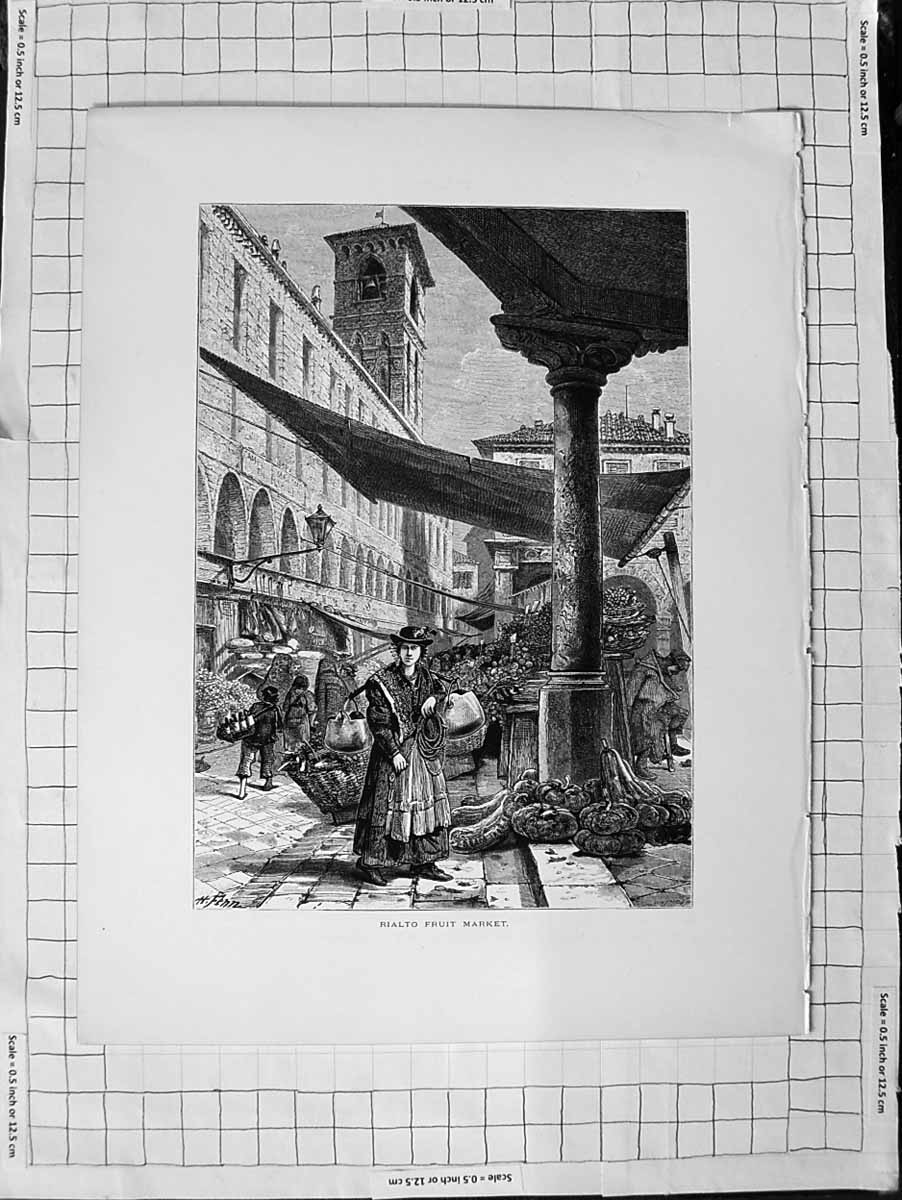 Original Old Antique Print C1900 Venice Rialto Fruit Market Man Street Seller