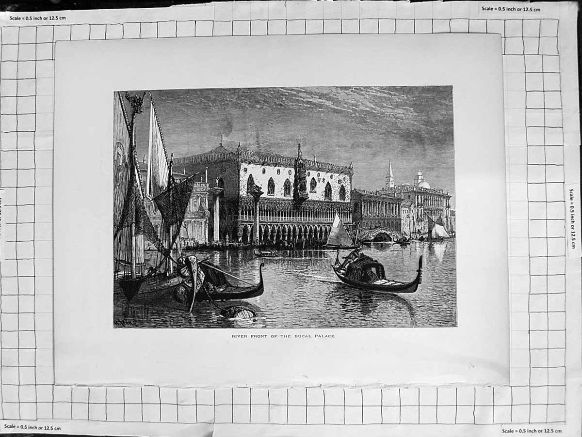 Original Old Antique Print C1900 Venice River Front Ducal Palace Canal Boats