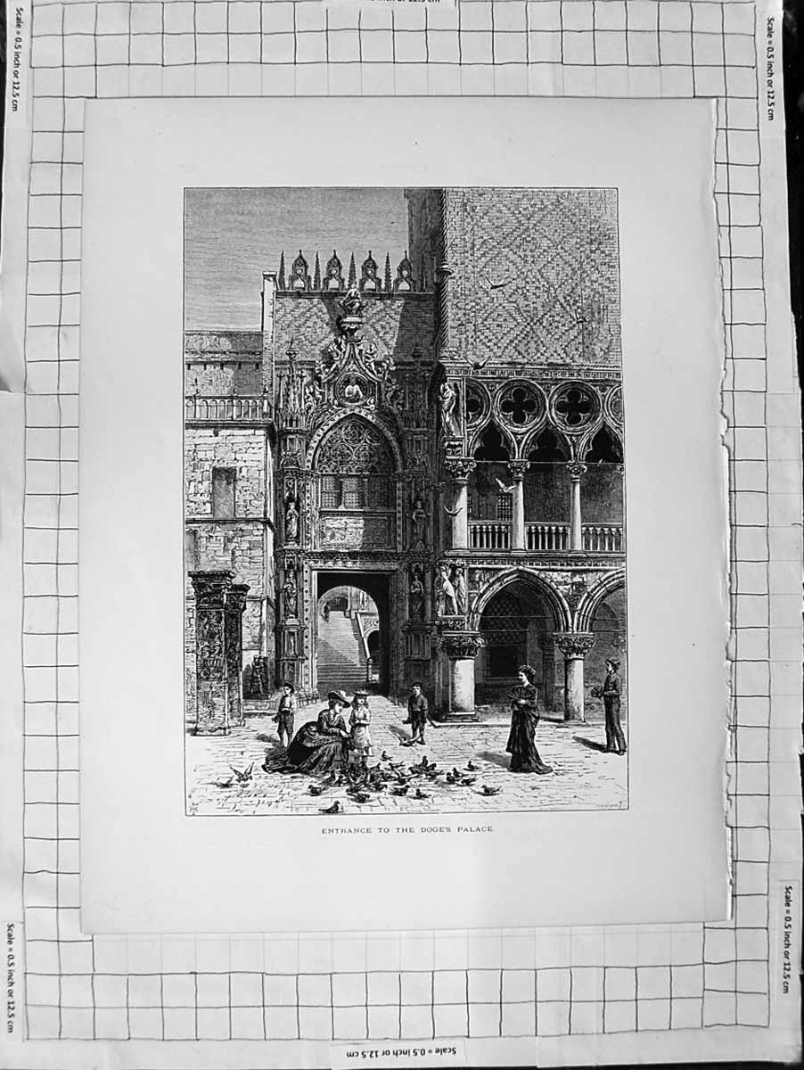 Original Old Antique Print C1900 View Entrance Doge'S Palace Children Birds