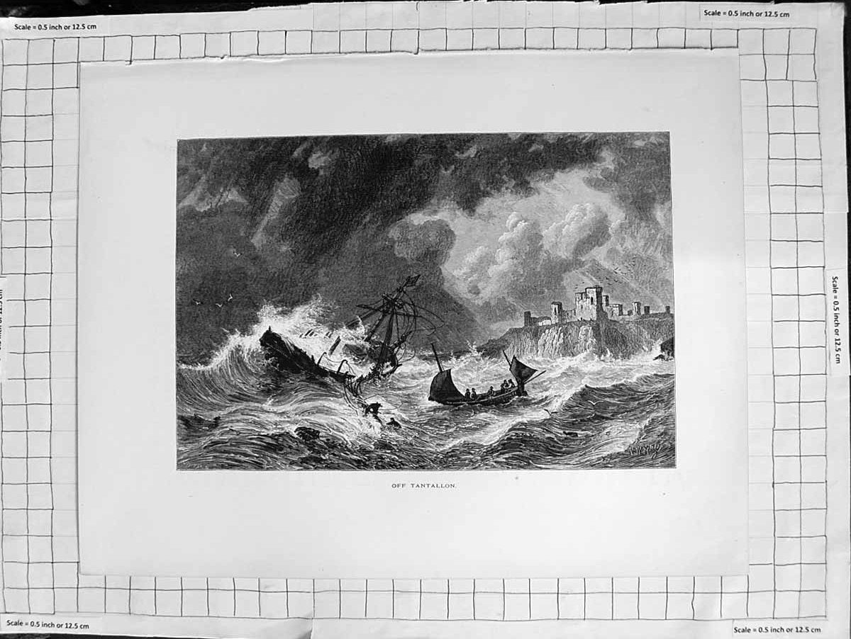 Original Old Antique Print C1900 Ship Wreck Stormy Sea Off Tantallon Victorian
