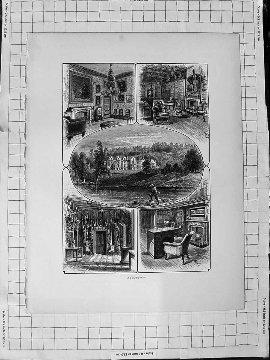 Original Old Antique Print C1900 Views Abbotsford House River Fishing Victorian
