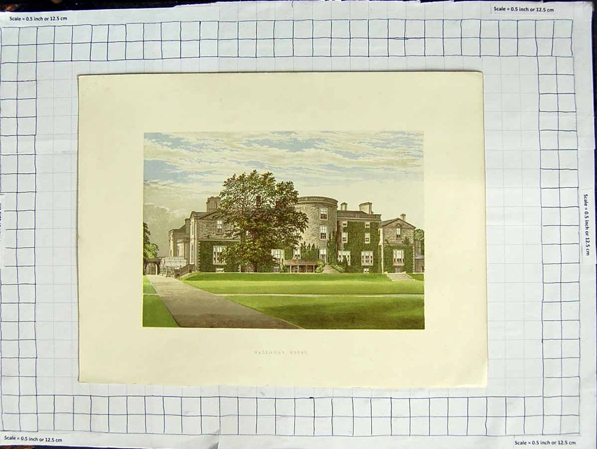 Original Old Antique Print 1880 Colour Plate View Galloway Mansion House Garden