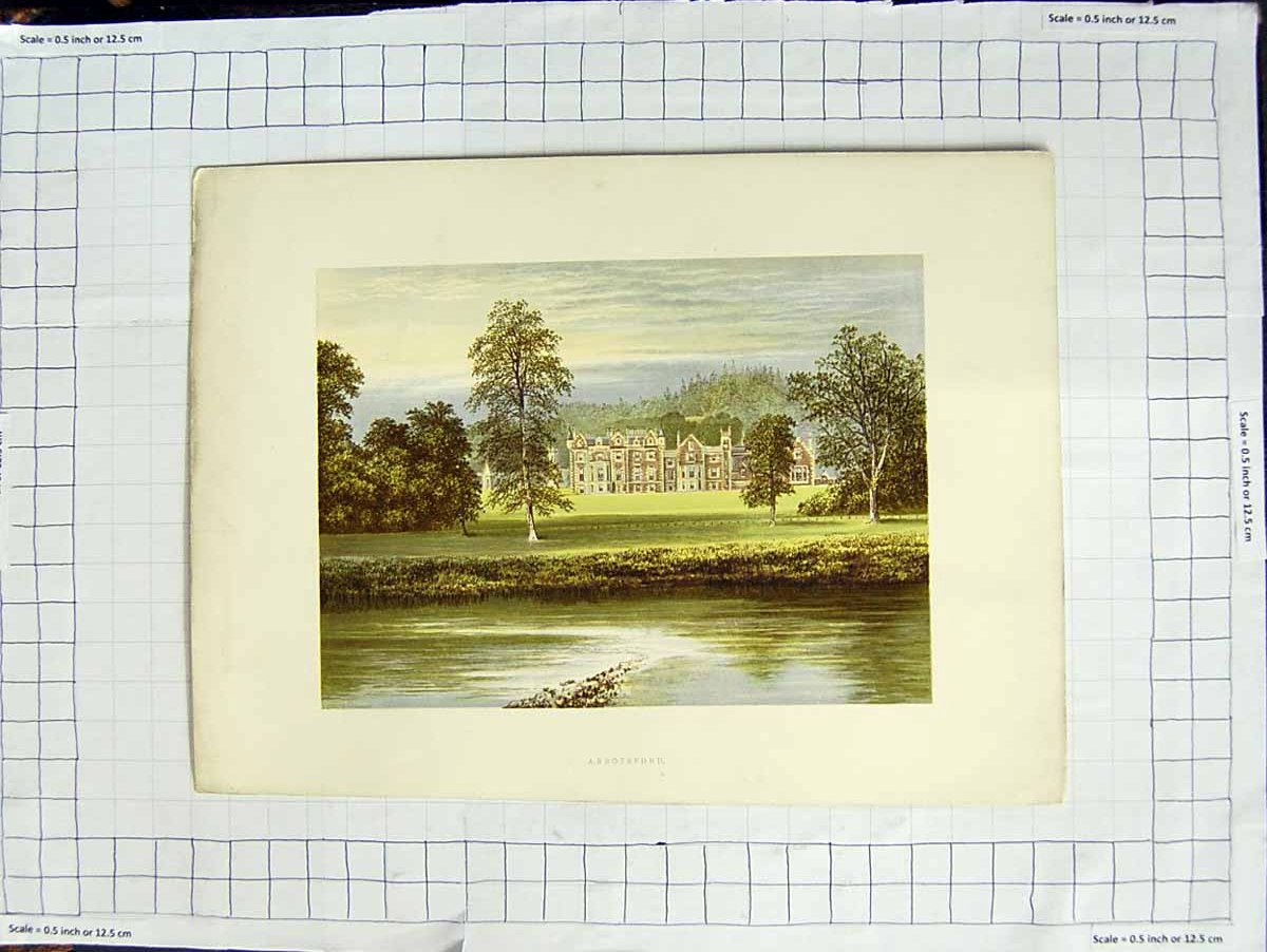 Original Old Antique Print 1880 Colour Plate View Abbotsford Mansion House 19th