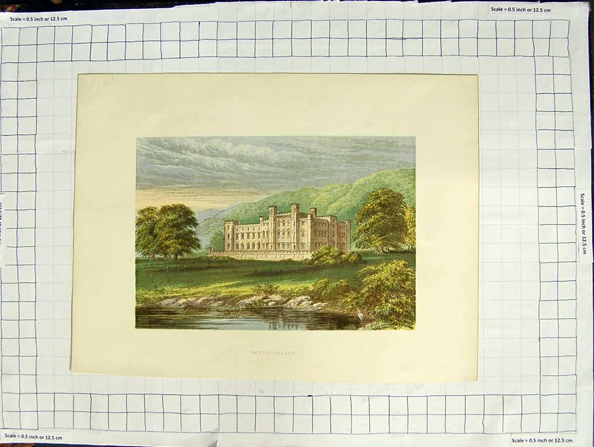 Original Old Antique Print 1880 Colour Plate View Scone Palace Perth Scotland