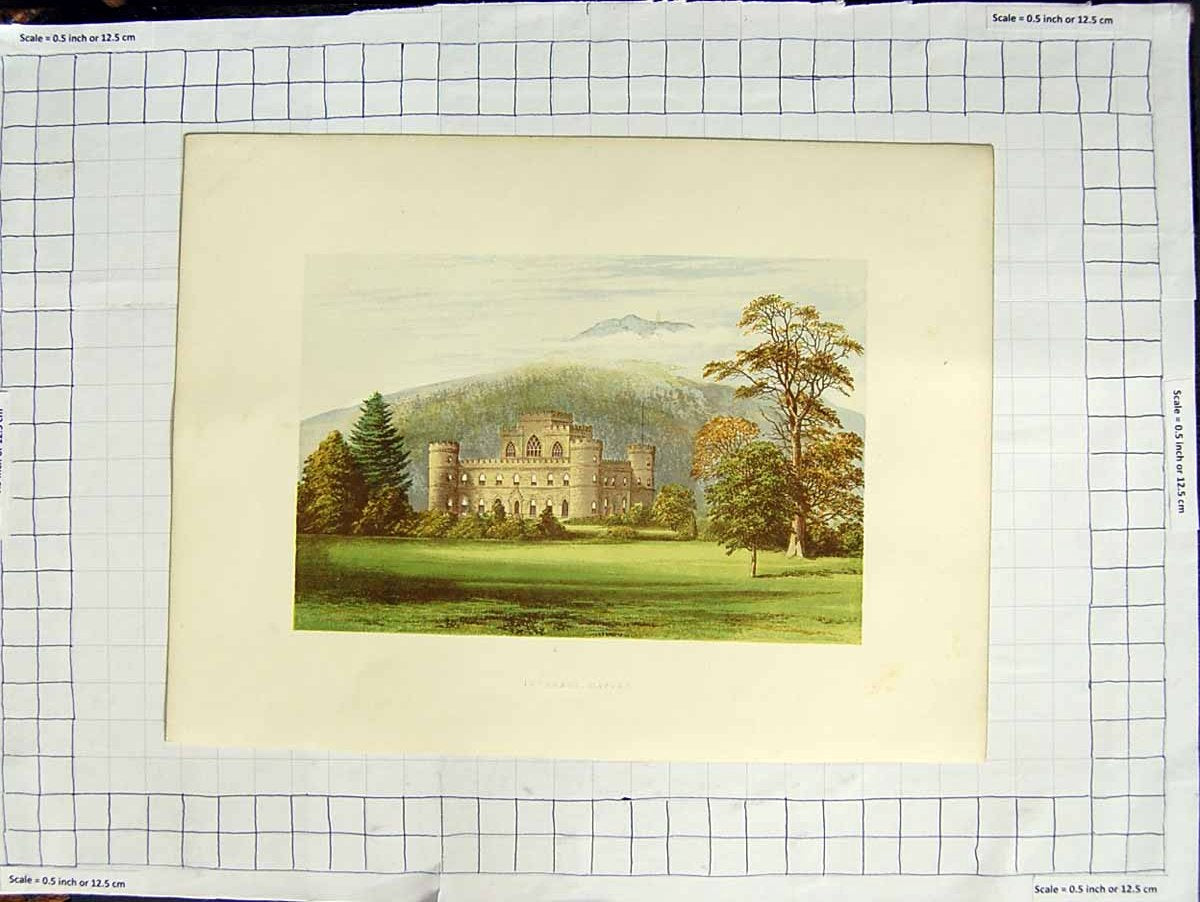 Original Old Antique Print 1880 Colour Plate View Inverary Castle Scotland 19th