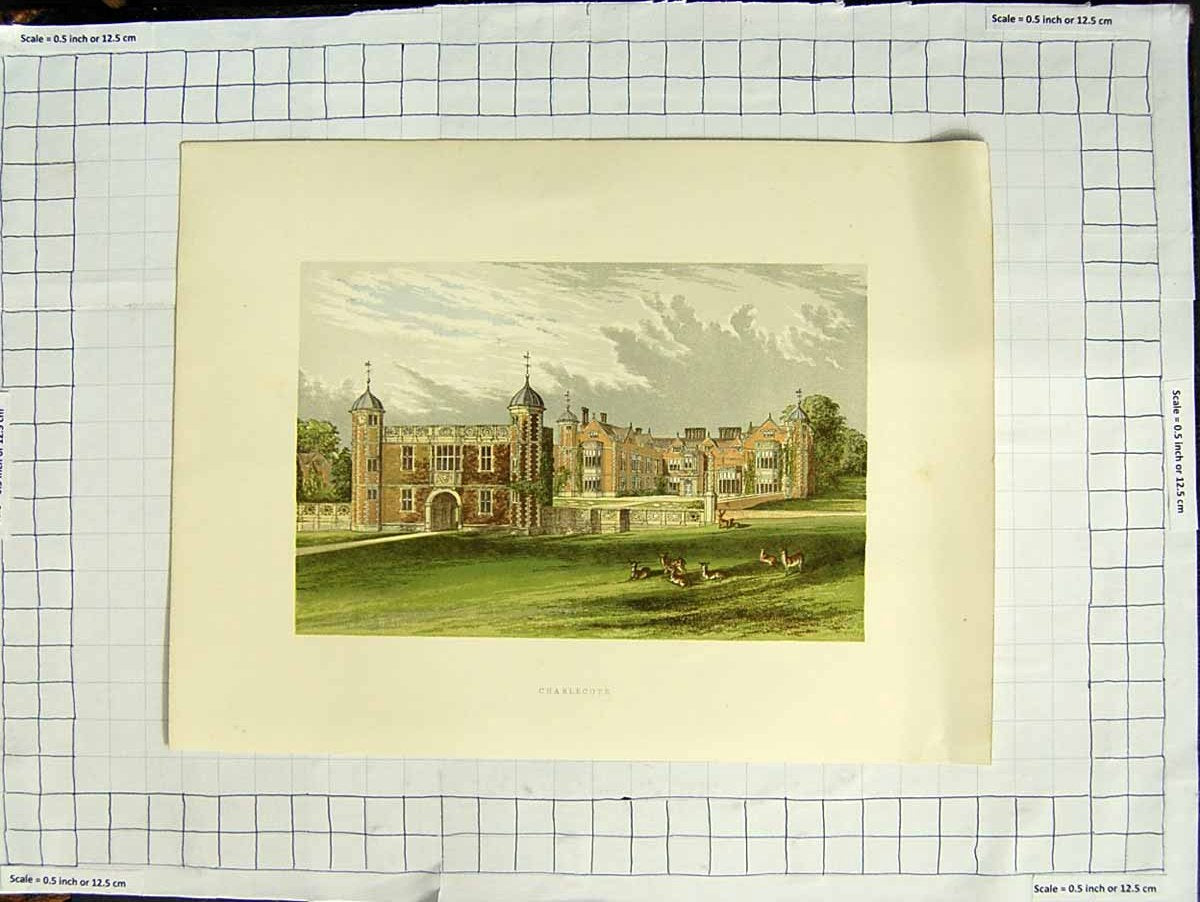 Original Old Antique Print 1880 Colour Plate View Charlecote Mansion House 19th