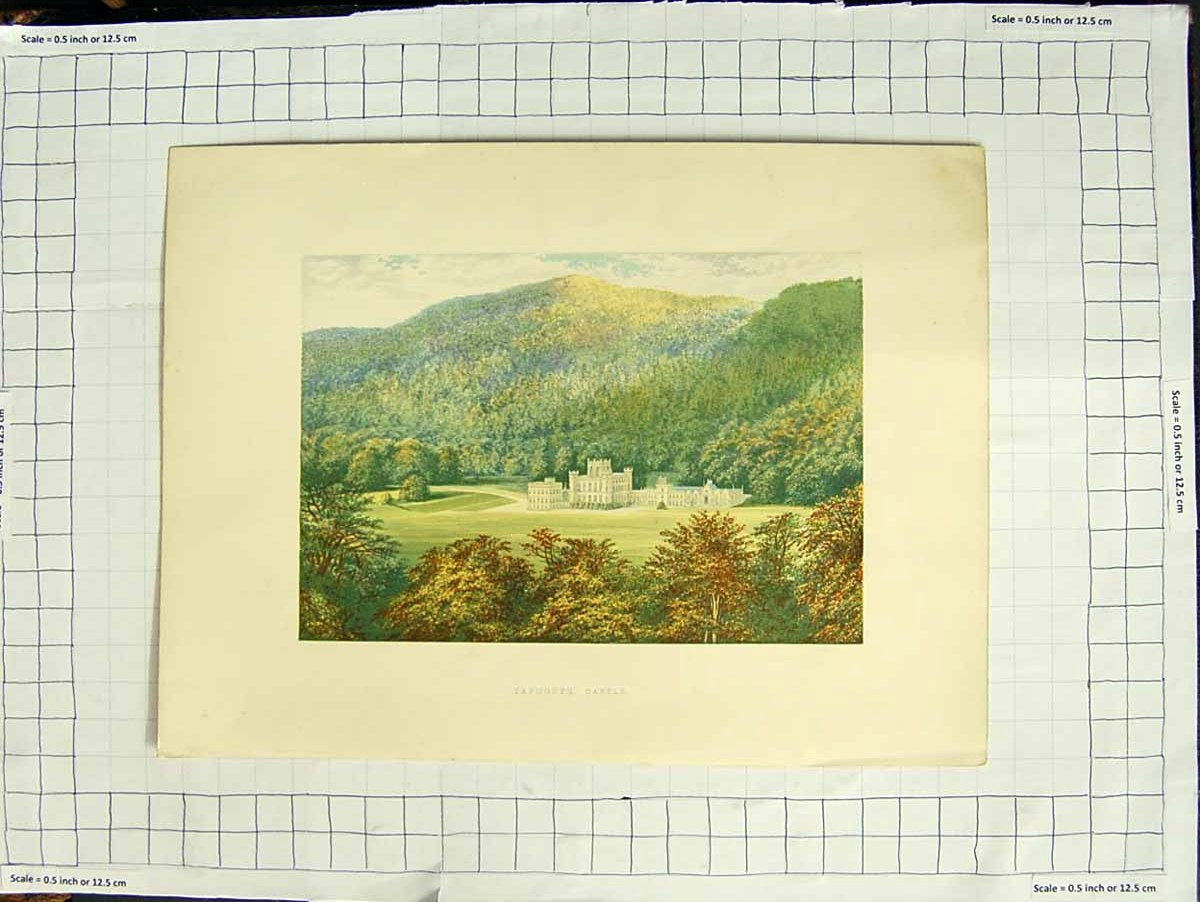 Old Antique Print 1880 Colour Plate View Taymouth Castle Mountains Trees 19th