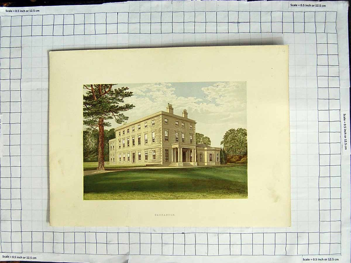 Original Old Antique Print 1880 Colour Plate View Carnanton House Cornwall 19th