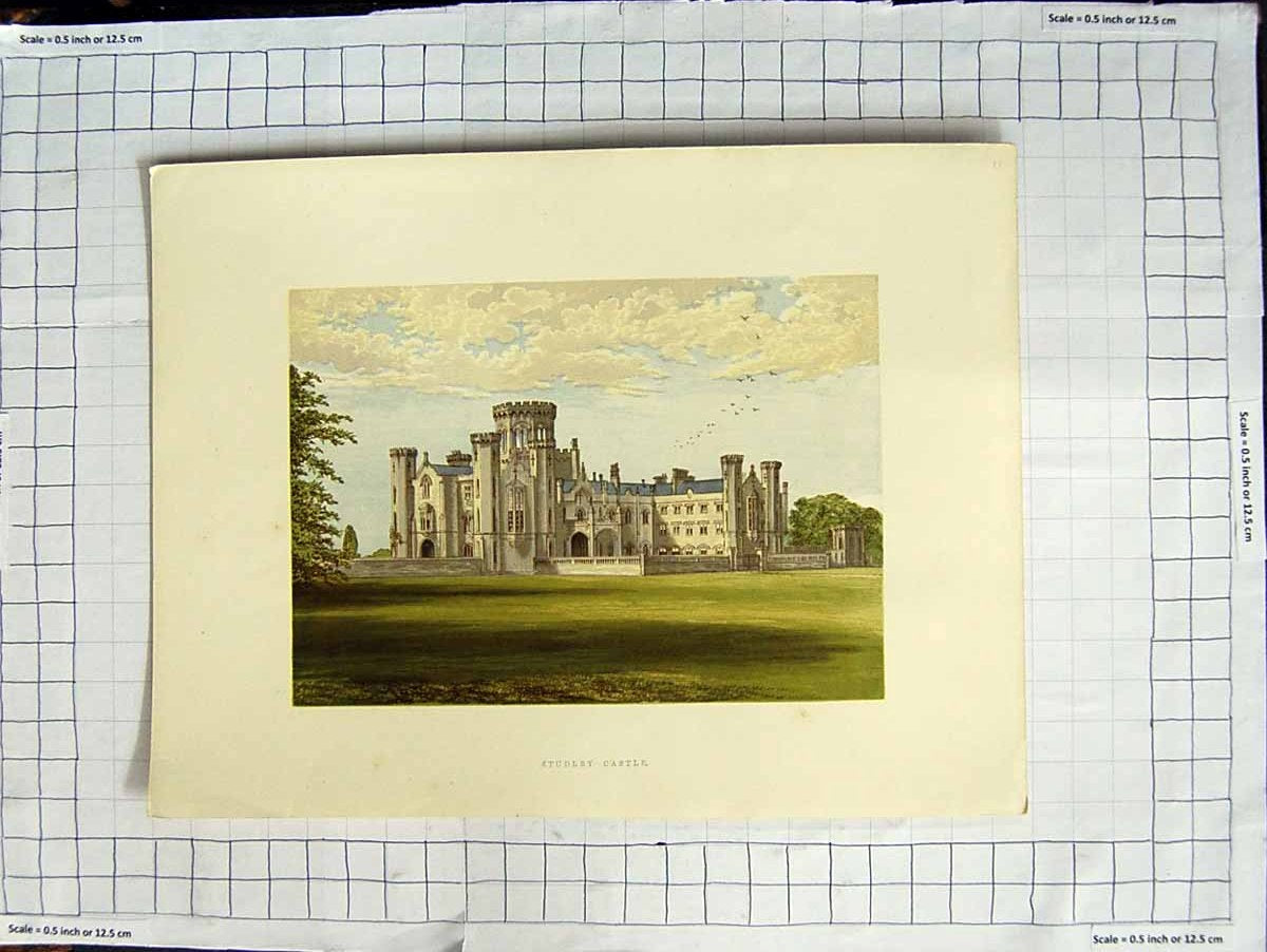 Original Old Antique Print 1880 Colour Plate View Studley Castle Warwickshire
