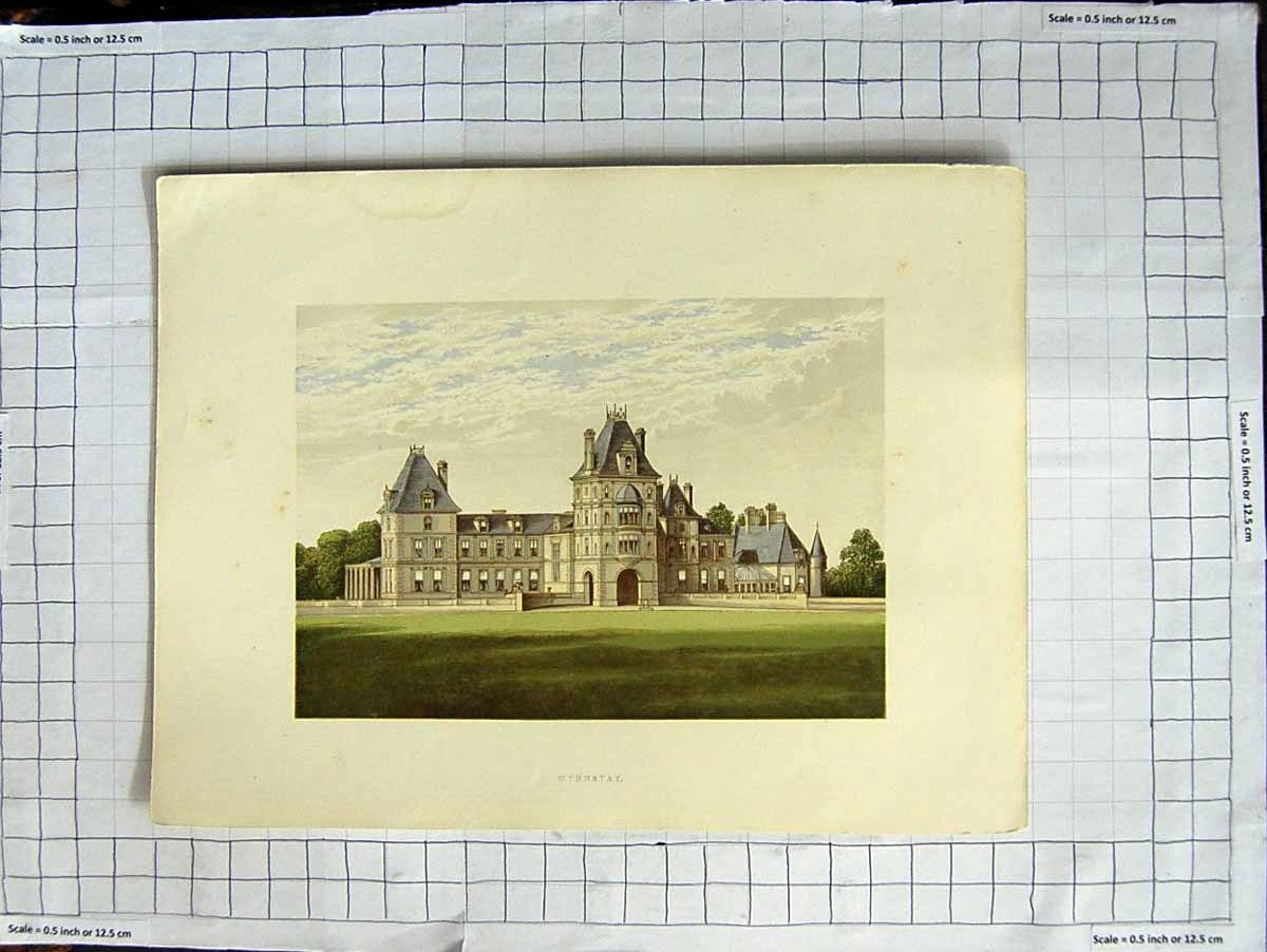 Original Old Antique Print 1880 Colour Plate View Wynnstay House Denbighshire