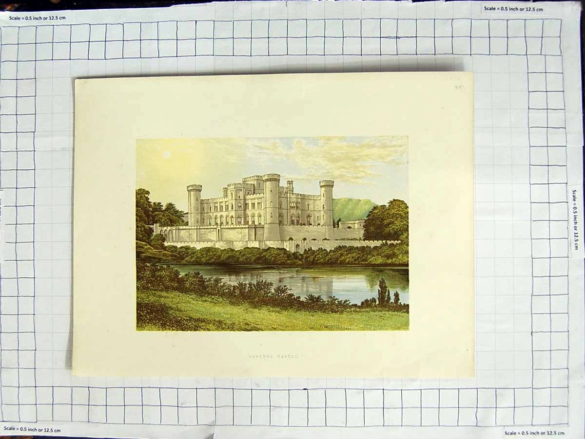 Original Old Antique Print 1880 Colour Plate View Eastnor Castle River Trees