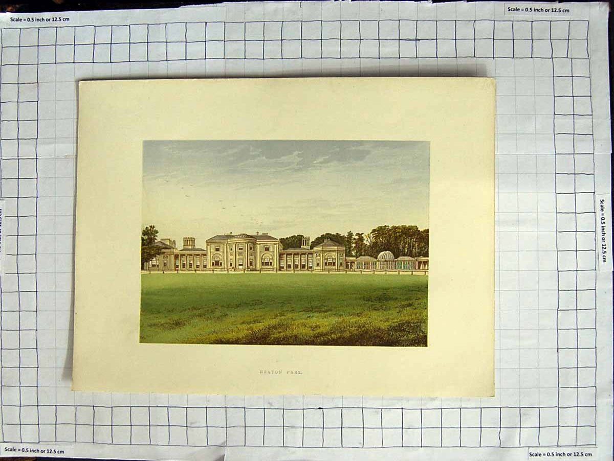 Original Old Antique Print 1880 Colour Plate View Heaton Park House Lancashire