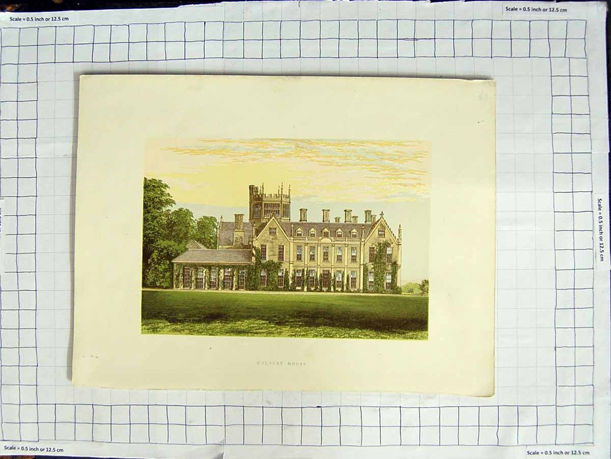 Original Old Antique Print 1880 Colour Plate View Melbury Mansion House Dorset