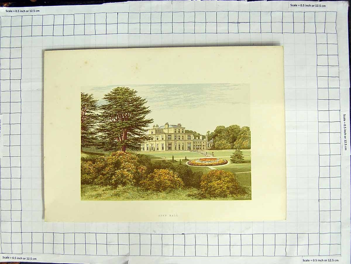 Original Old Antique Print 1880 Colour Plate View Eden Hall Cumberland Garden