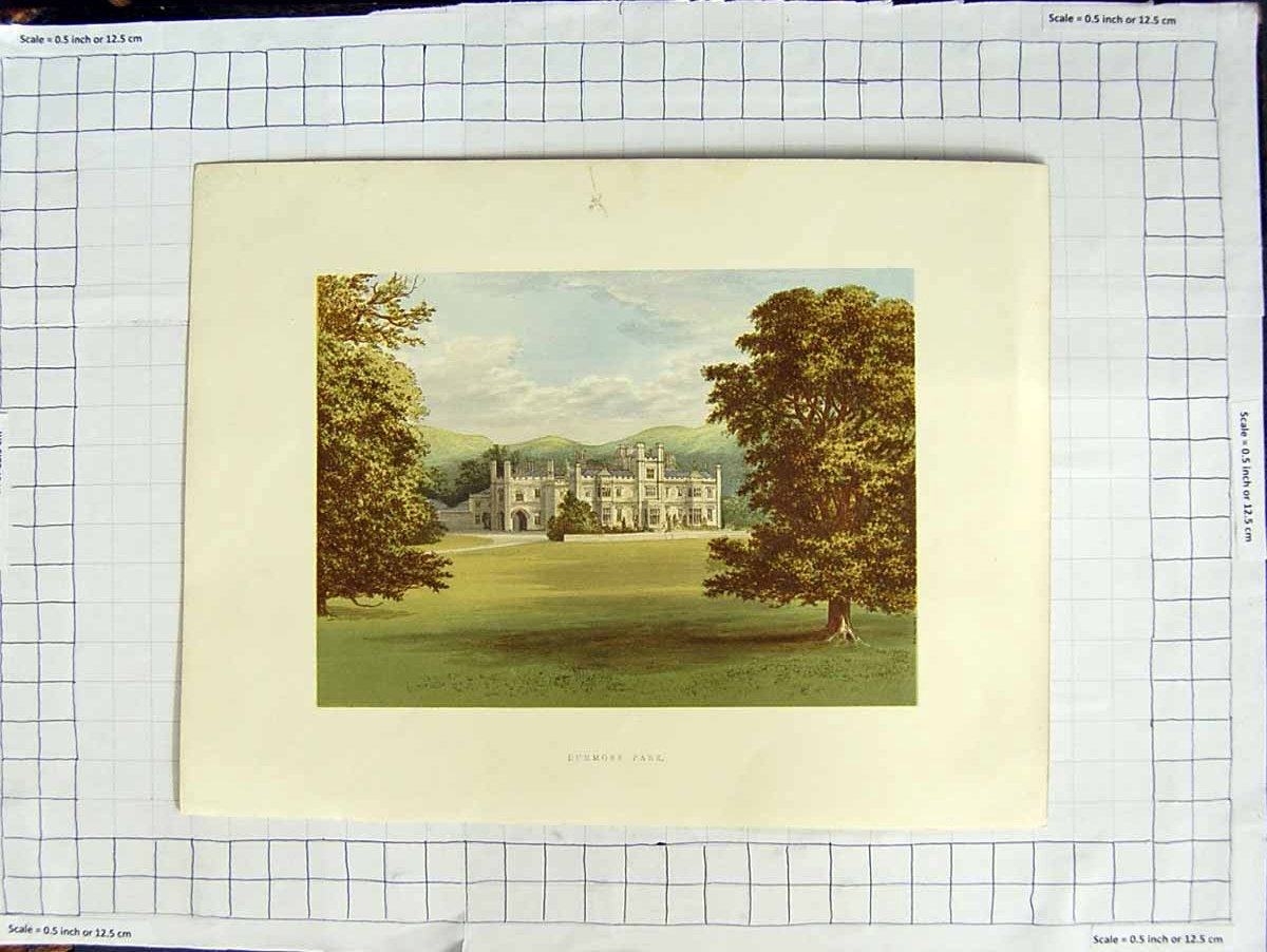 Original Old Antique Print 1880 Colour Plate View Dunmore Park Mansion House