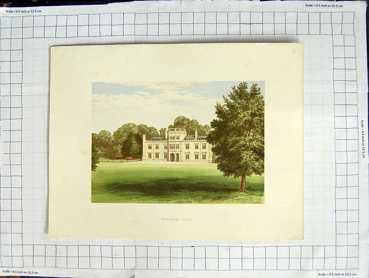 Original Old Antique Print 1880 Colour Plate View Wolseley Hall Staffordshire