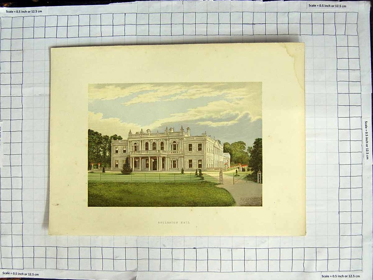 Original Old Antique Print 1880 Colour Plate View Rolleston Hall Staffordshire
