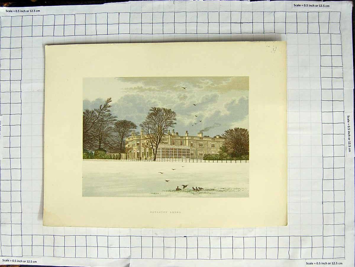 Original Old Antique Print 1880 Colour Plate View Ednaston Lodge Derbyshire