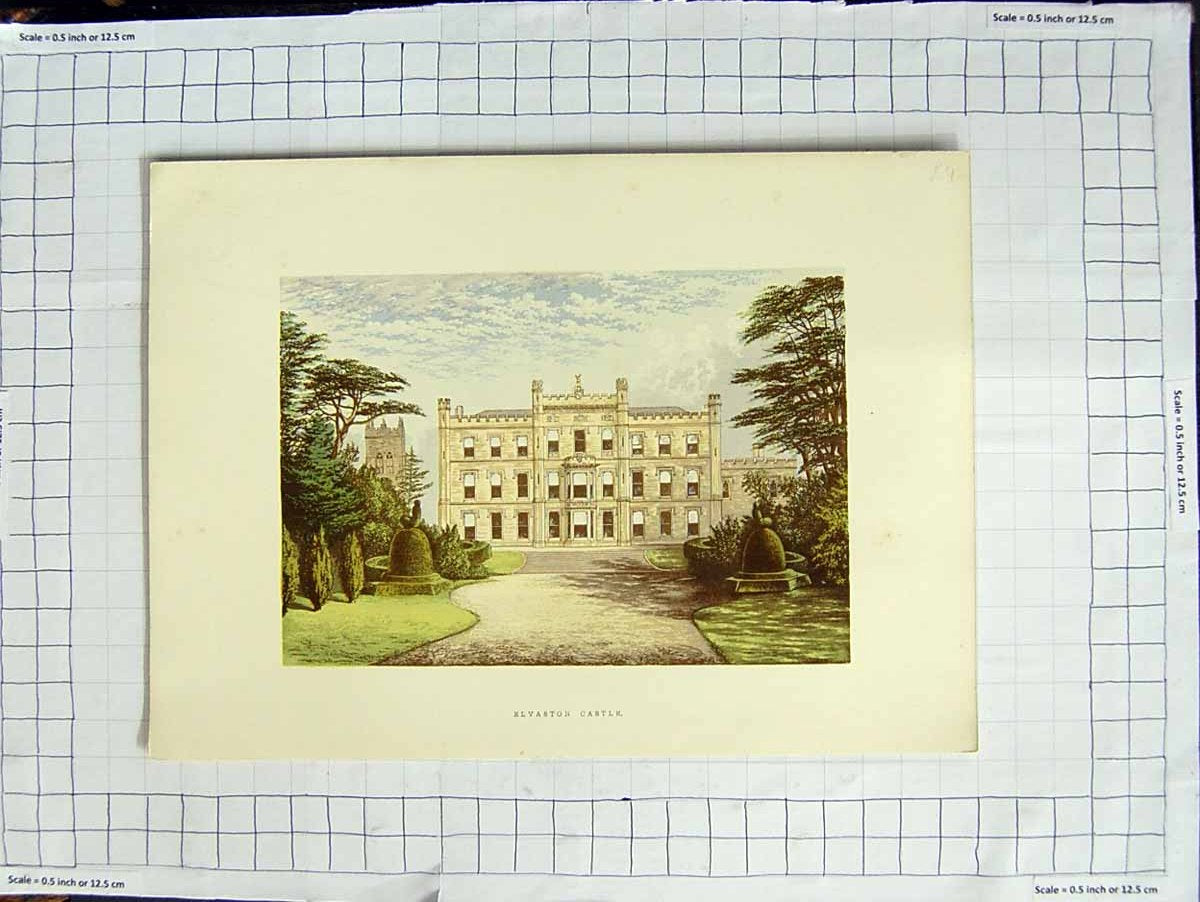 Original Old Antique Print 1880 Colour Plate View Elvaston Castle Derbyshire