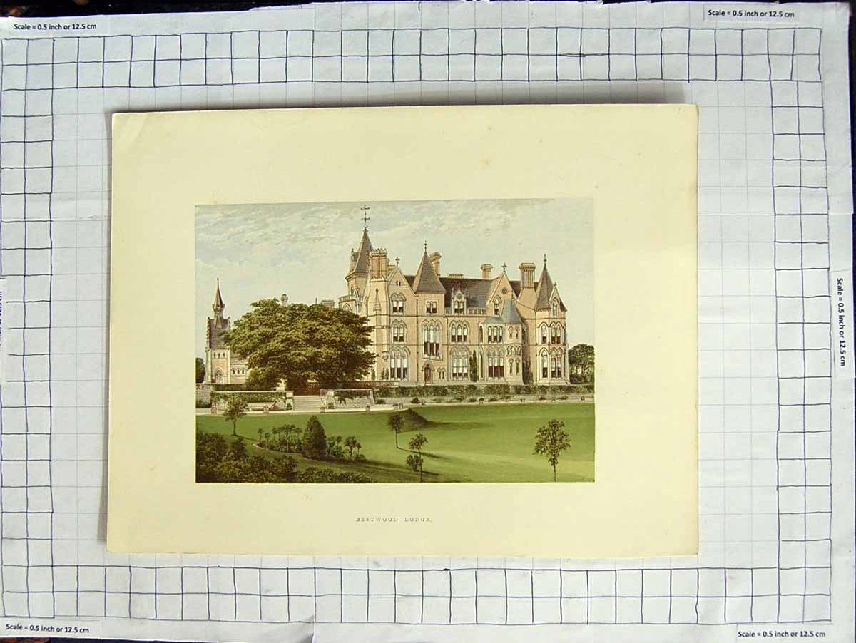 Old Antique Print 1880 Colour Plate View Bestwood Lodge Nottinghamshire 19th