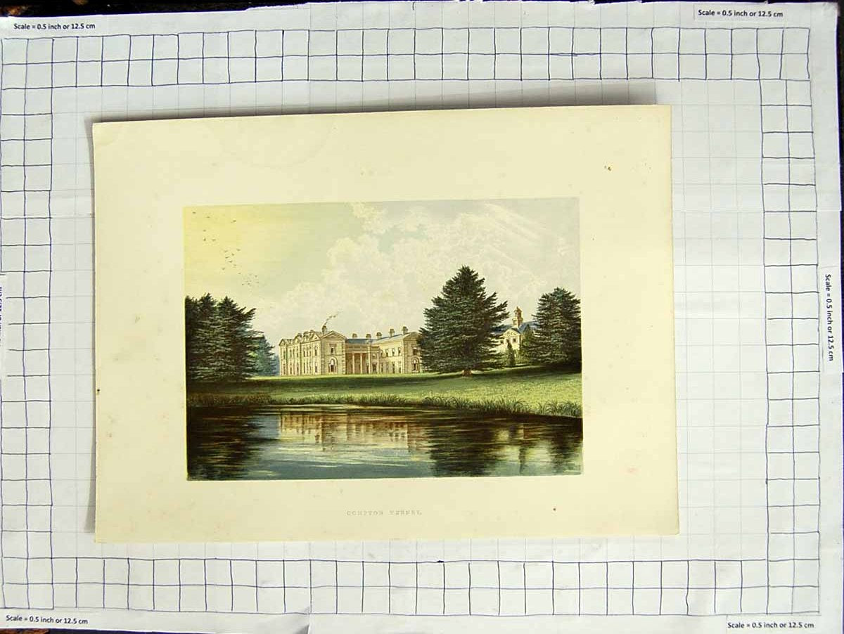 Original Old Antique Print 1880 Colour Plate View Compton Verney Warwickshire