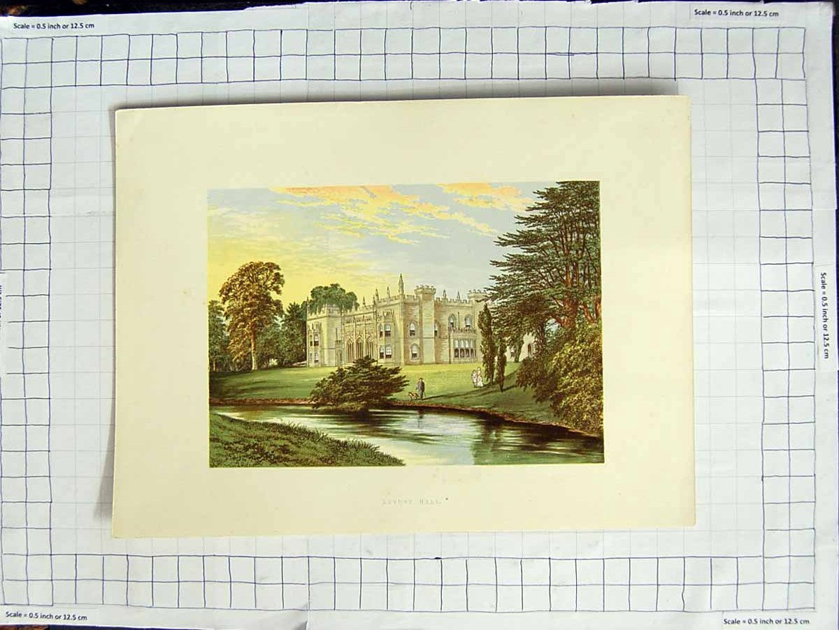 Old Antique Print 1880 Colour Plate View Arbury Hall Mansion Warwickshire 19th