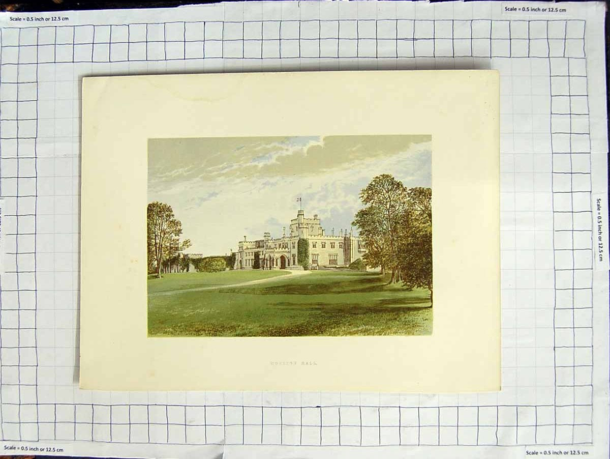 Original Old Antique Print 1880 Colour Plate View Moreton Hall Mansion Garden
