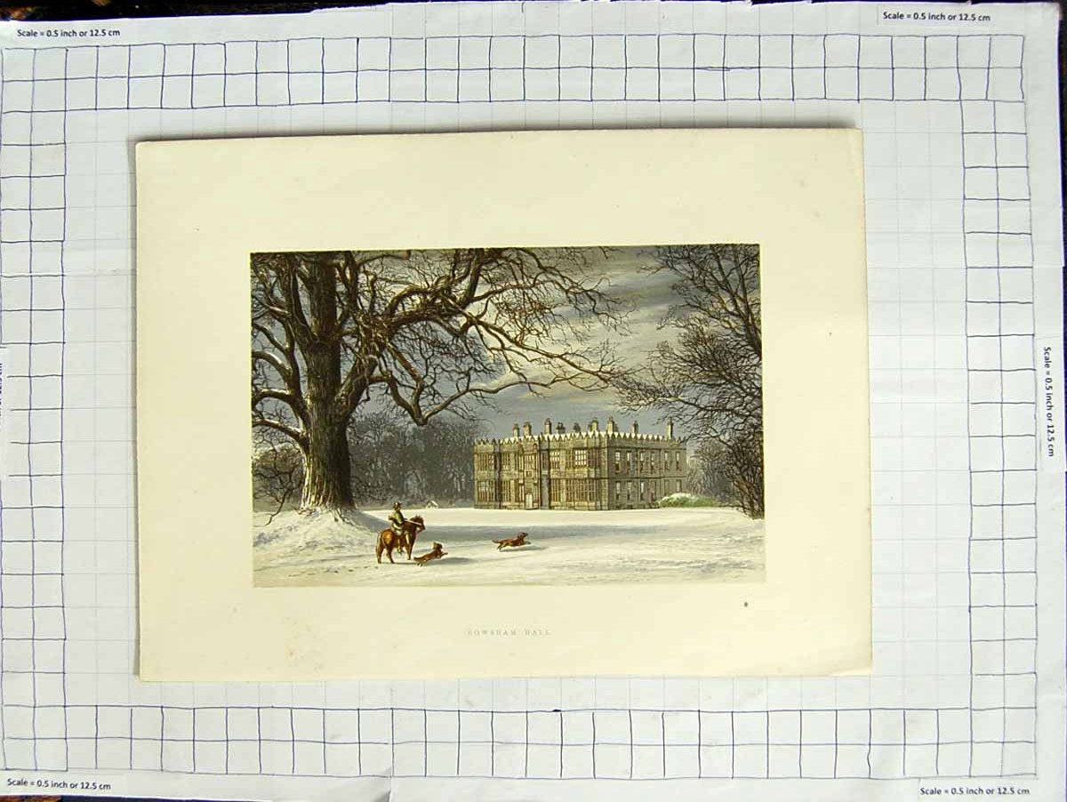 Original Old Antique Print 1880 Colour Plate View Howsham Hall Mansion Garden