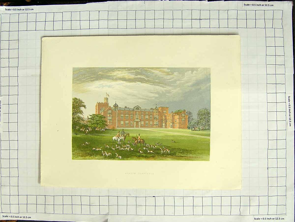 Original Old Antique Print 1880 Colour Plate View Burton Constable House Garden