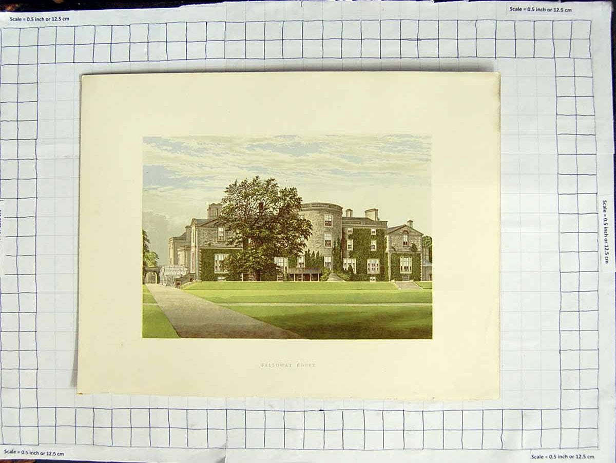 Original Old Antique Print 1880 Colour Plate View Galloway House Mansion Garden