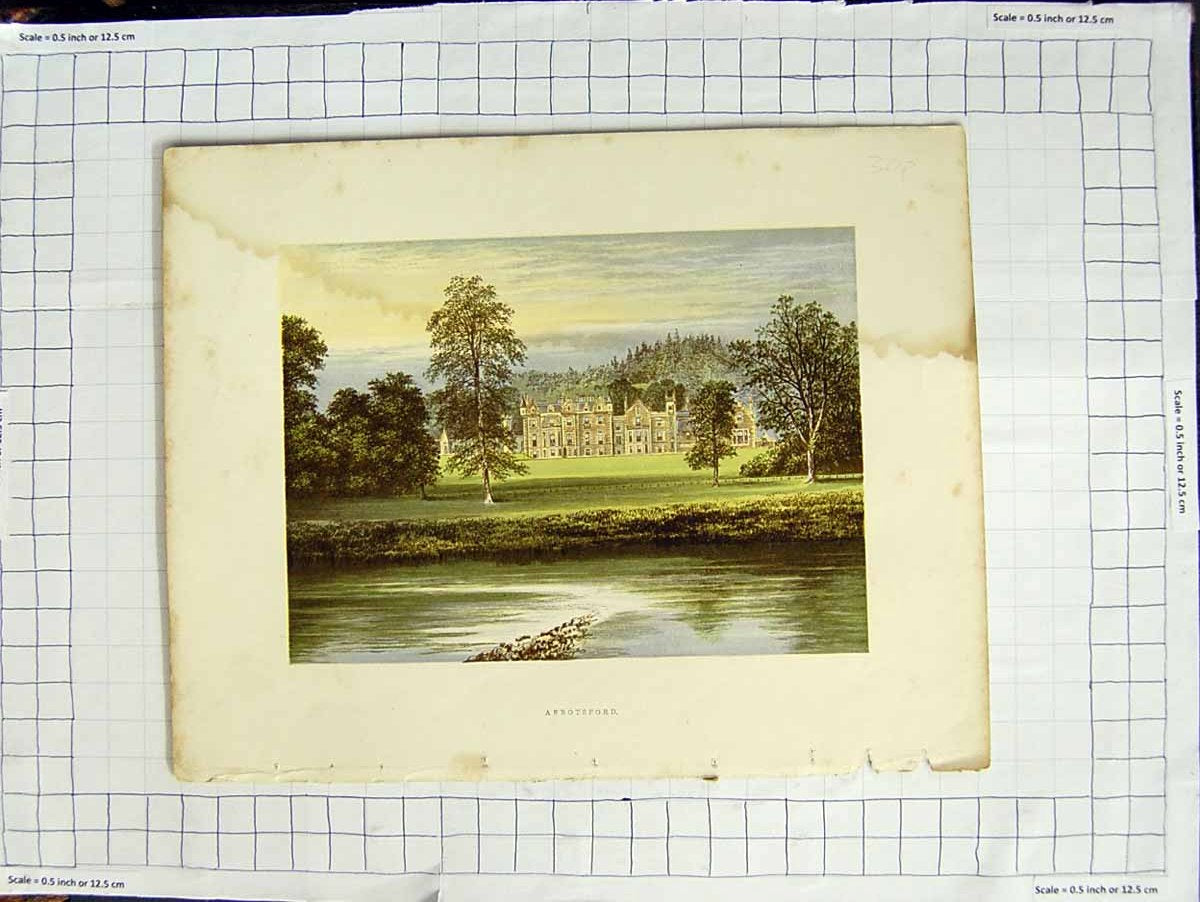 Original Old Antique Print 1880 Colour Plate View Abbotsford Mansion Garden