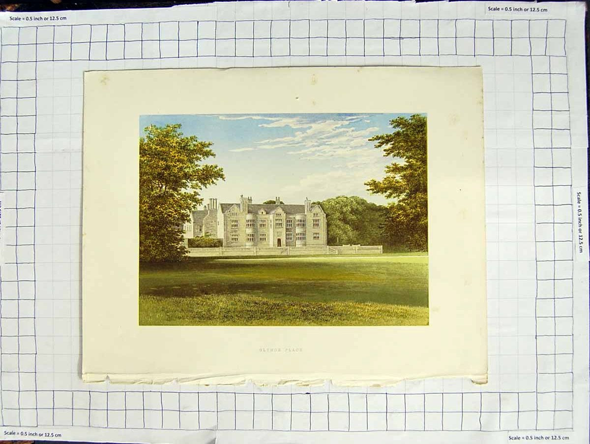 Original Old Antique Print 1880 Colour Plate View Glynde Palace Mansion Garden