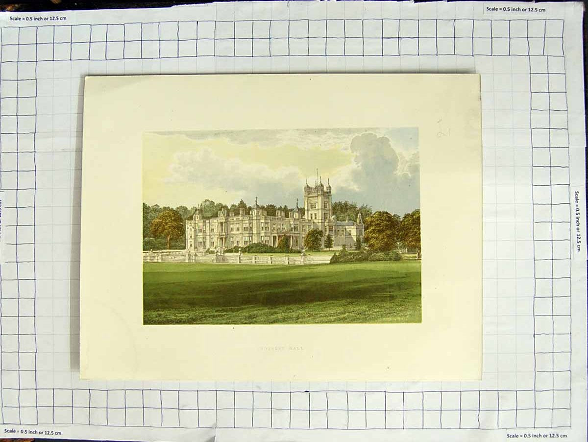 Original Old Antique Print 1880 Colour Plate View Underley Hall Mansion Garden