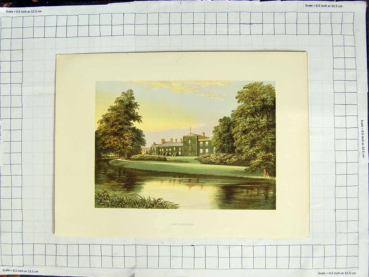 Original Old Antique Print 1880 Colour Plate View Netherhall House Garden 19th