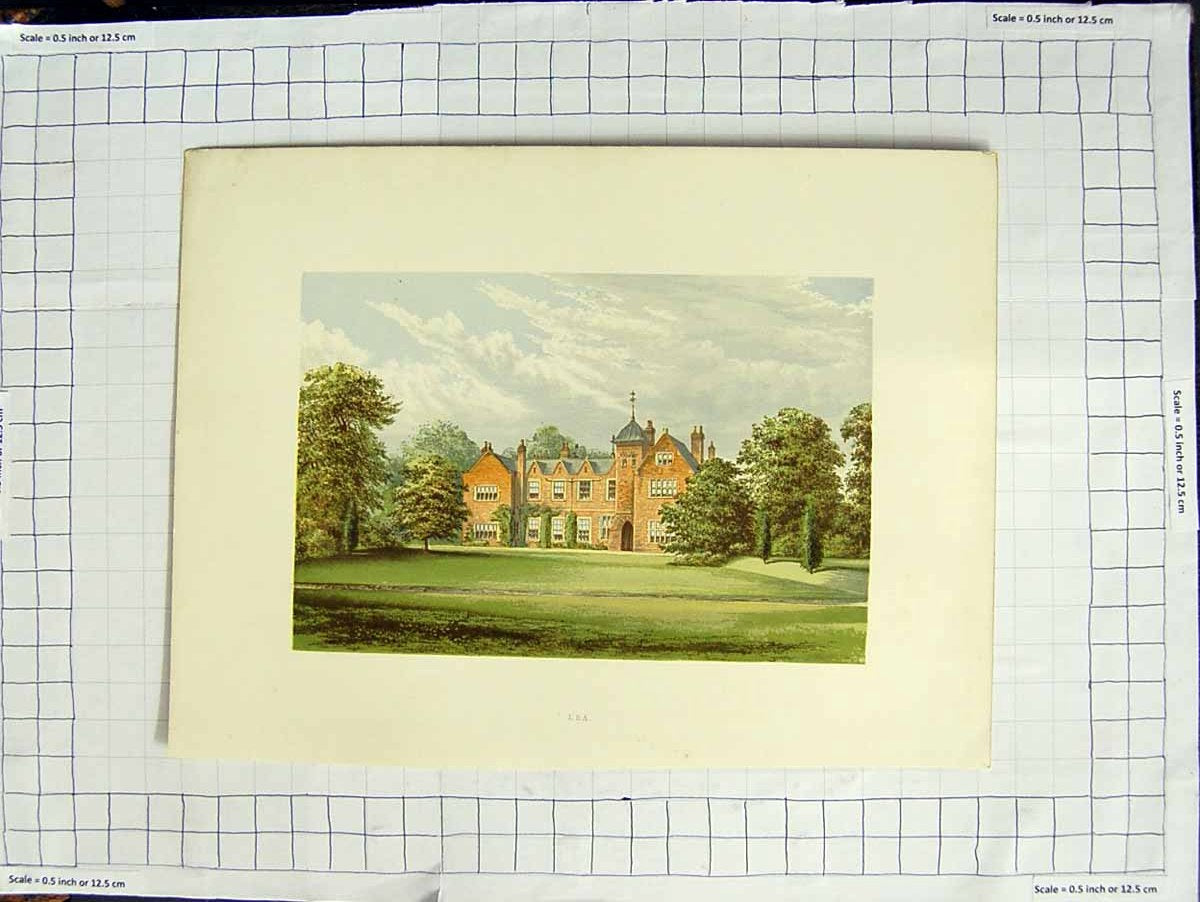 Original Old Antique Print 1880 Colour Plate View Lea Mansion House Garden 19th