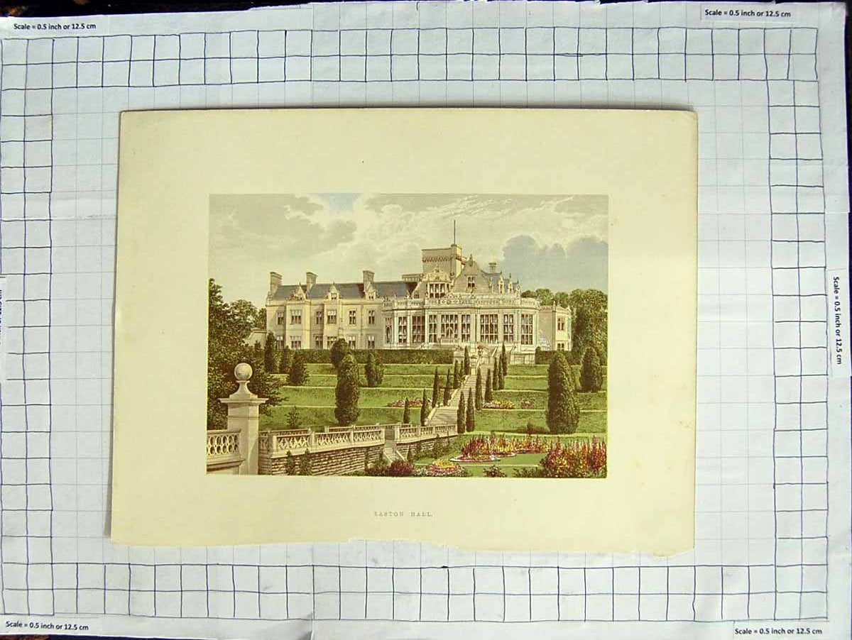 Original Old Antique Print 1880 Colour Plate View Easton Hall Mansion Garden