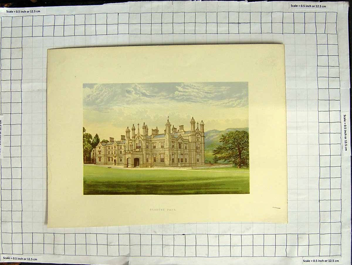 Original Old Antique Print 1880 Colour Plate View Glanusk Park House Garden
