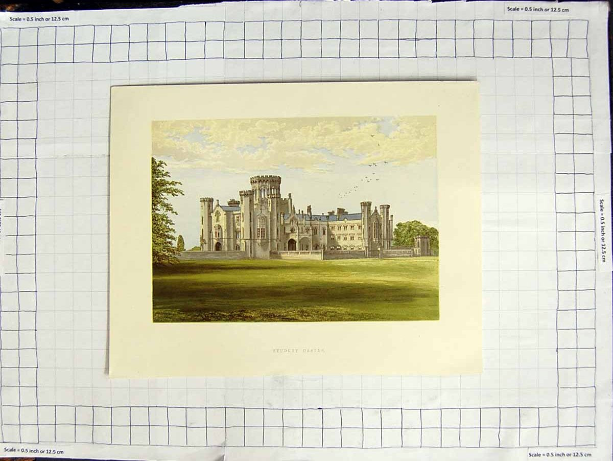 Original Old Antique Print 1880 Colour Plate View Studley Castle Garden 19th