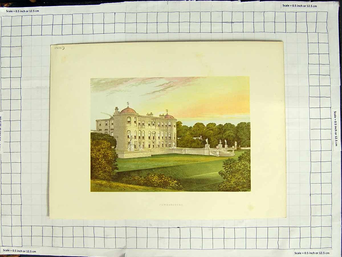 Original Old Antique Print 1880 Colour Plate View Powerscourt House Ireland