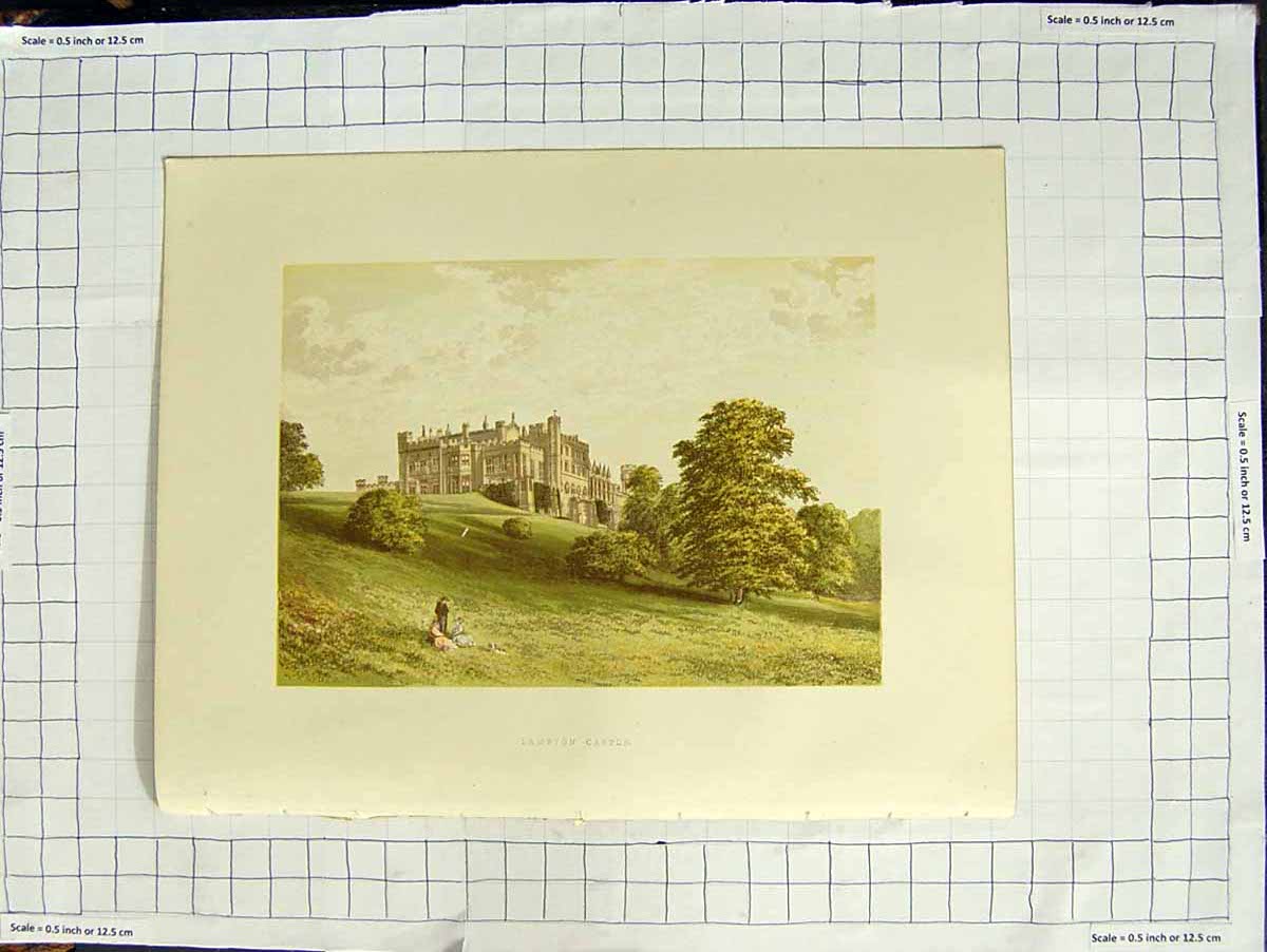Original Old Antique Print 1880 Colour Plate View Lambton Castle Earl Durham