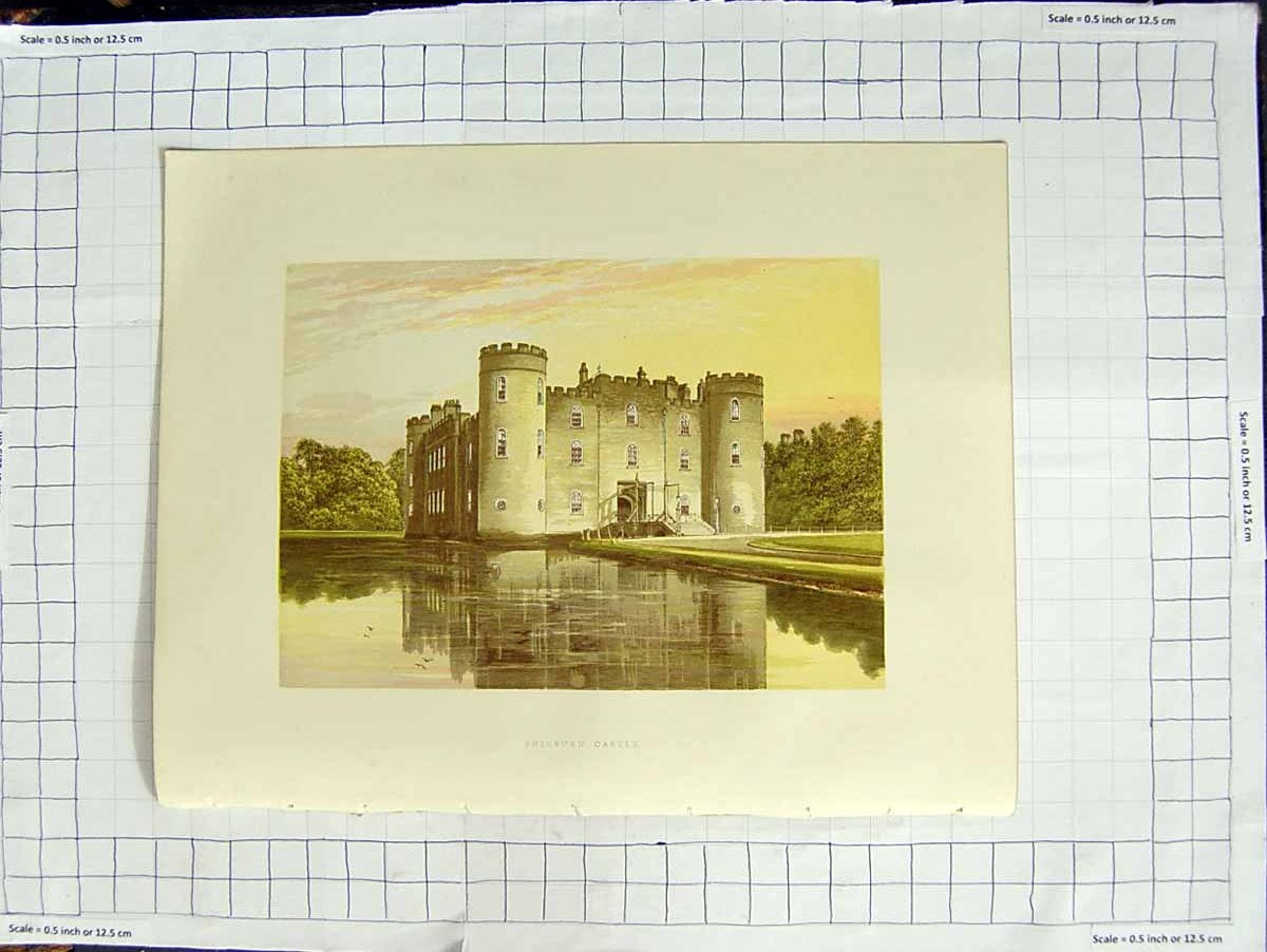 Original Old Antique Print 1880 Colour Plate Shirburn Castle Earl Macclesfield