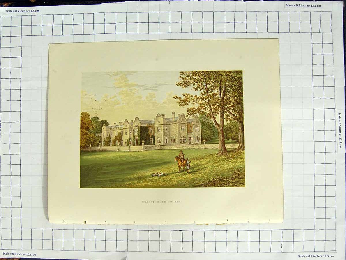 Old Antique Print 1880 Colour Plate View Brantingham Thorpe Sykes Brough 19th